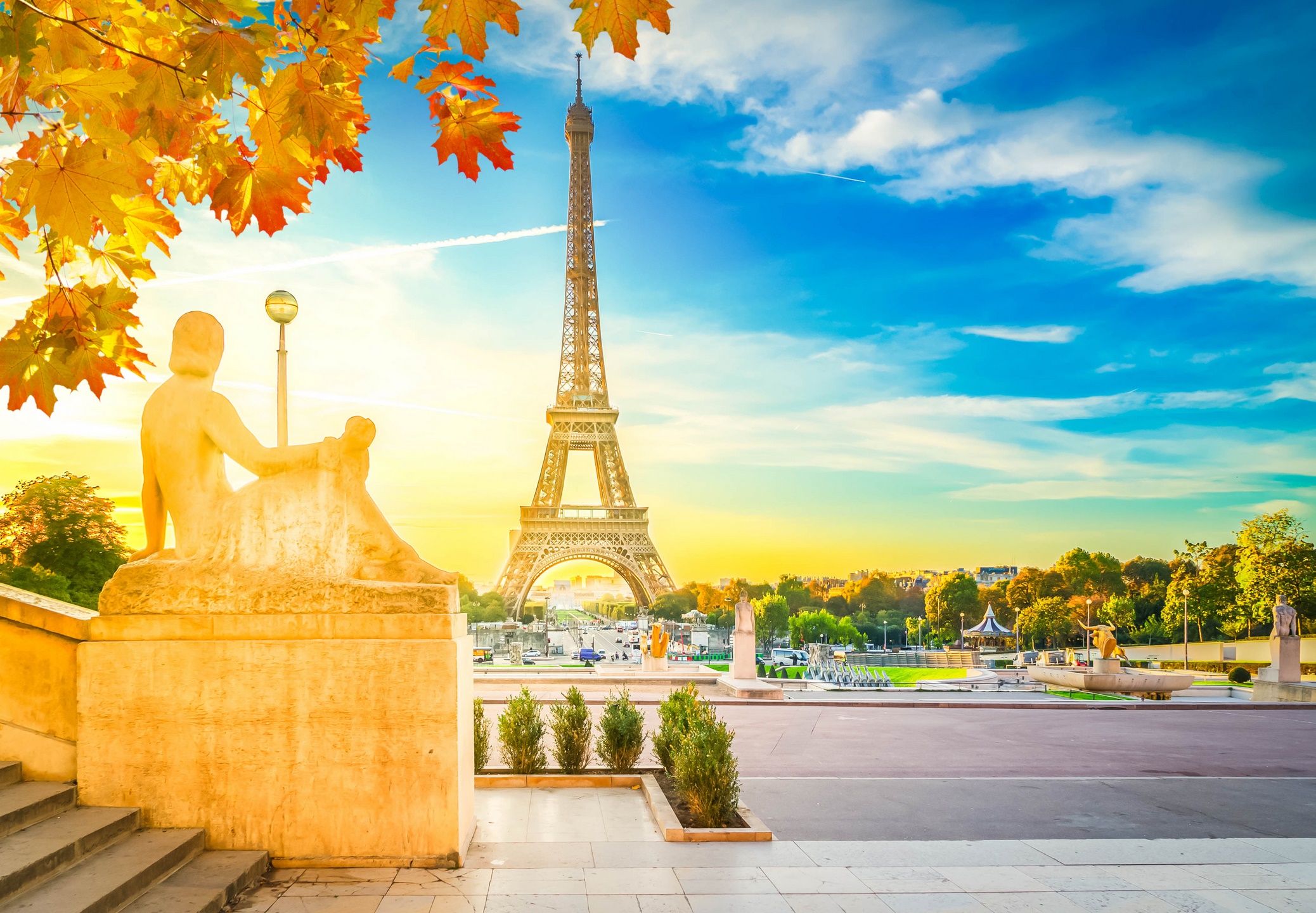 Eiffel Tower from Trocadero garden at autumn sunrise, Paris, France