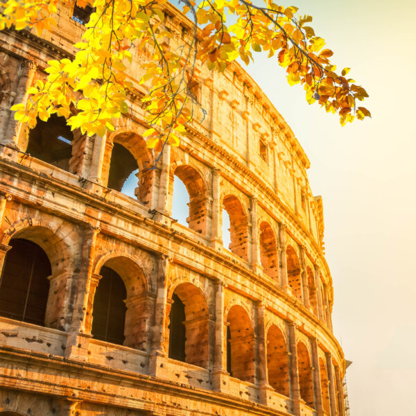 Italy Tours From USA / Ruins of Colosseum at sunrise light in Rome, Italy at fall