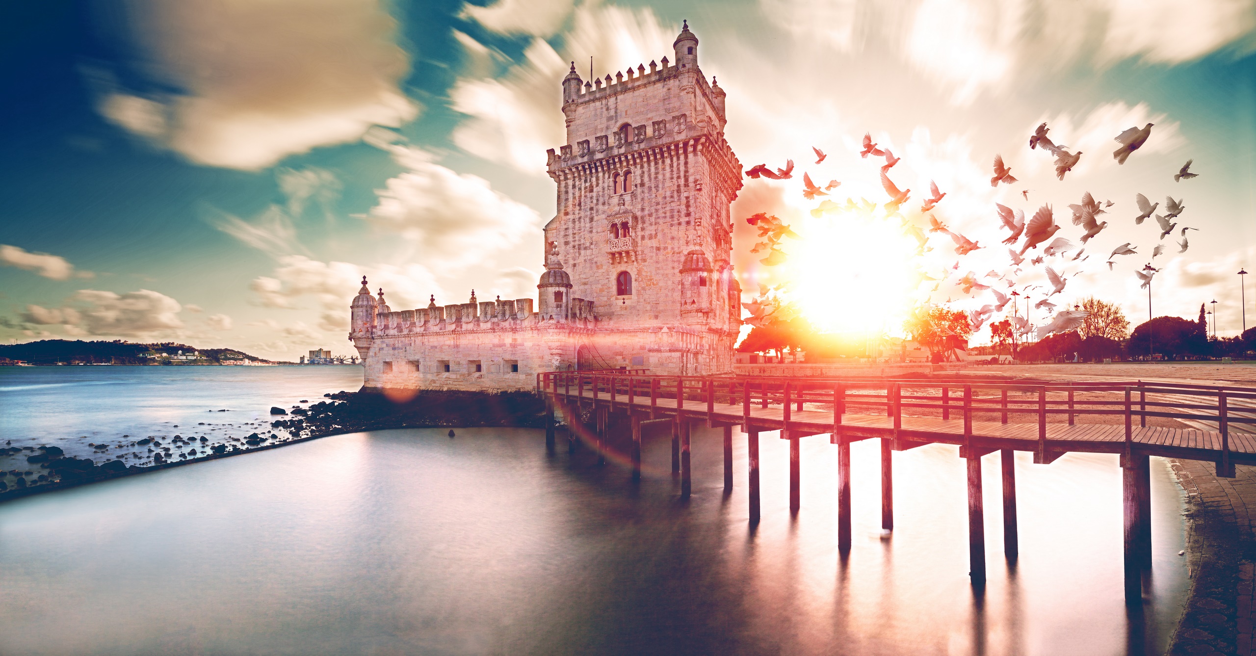 Scenic Belem tower and sunset landscape.Historical building.