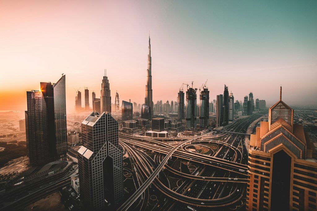 Dubai Tours from USA / Sunrise shot of Downtown Dubai and Burj Khalifa.